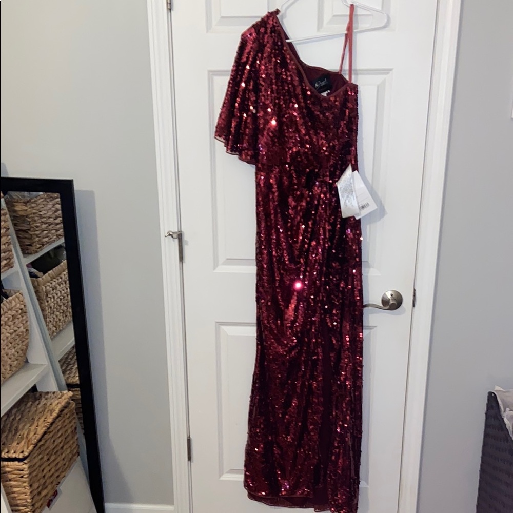 Mac Duggal Deep Red One-Shoulder Sequin Gown